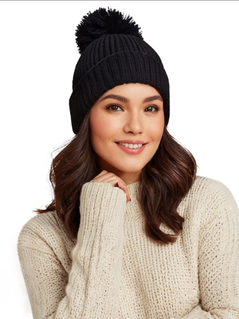 Time and Tru Black Pom-Pom Rib Knit Beanie